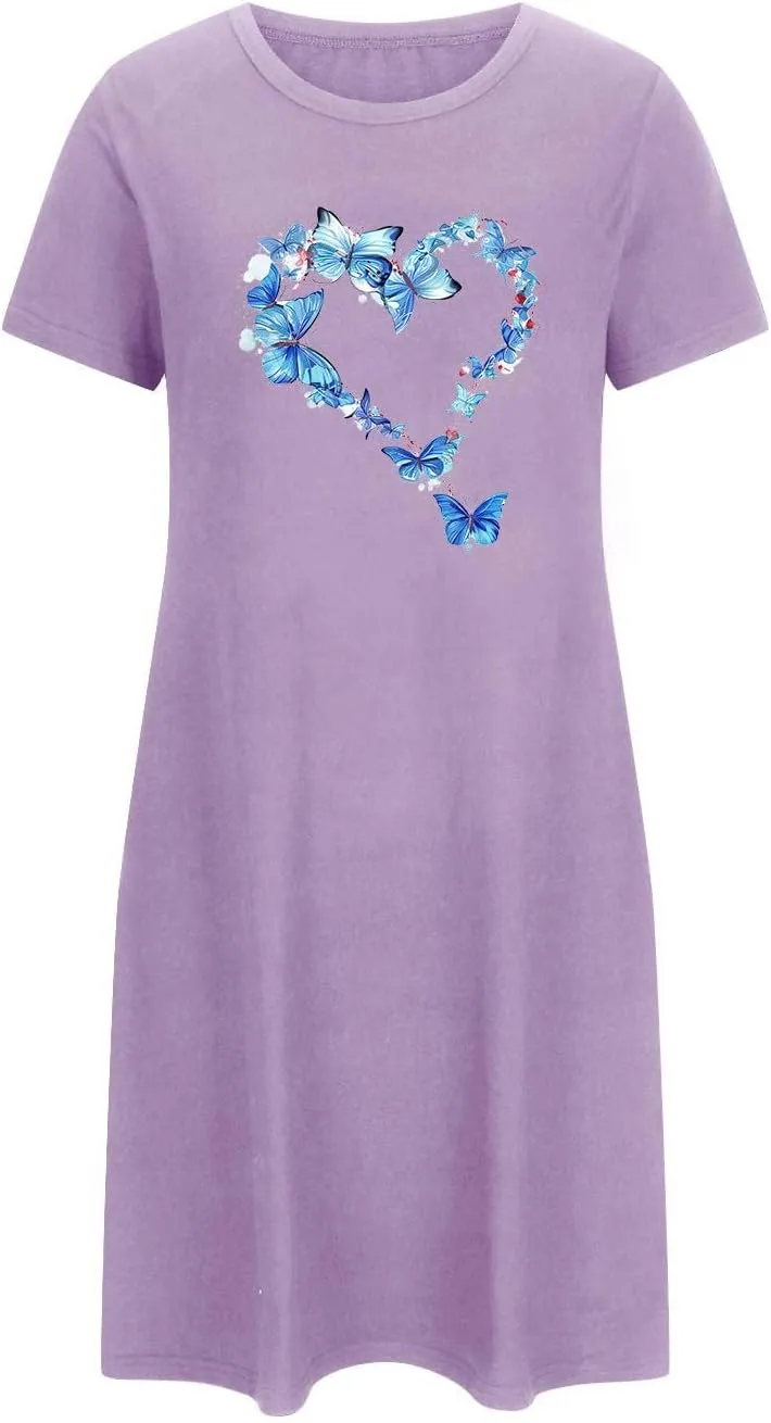 Short Nightgowns for Women Butterfly Heart Print Loose Nightshirt Short Sleeve Sleepwear Soft Summer Tshirt Dress