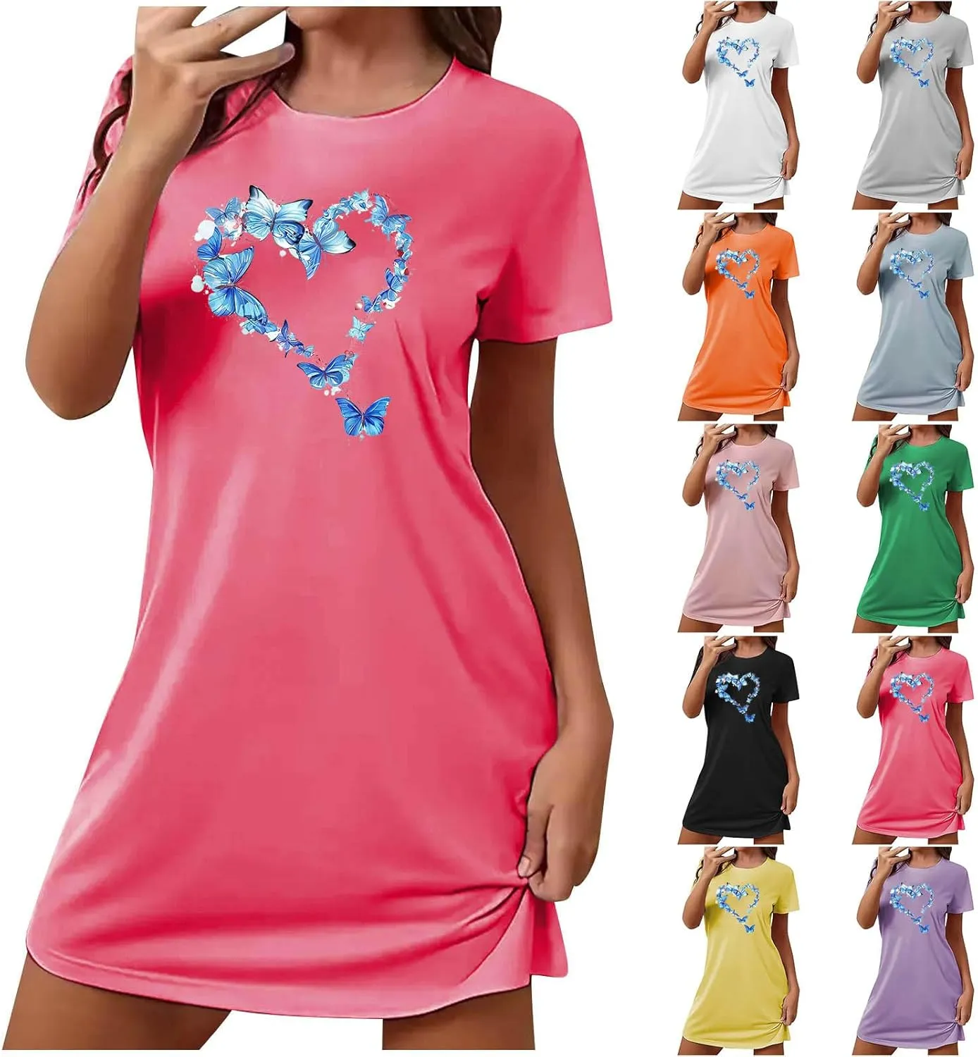 Short Nightgowns for Women Butterfly Heart Print Loose Nightshirt Short Sleeve Sleepwear Soft Summer Tshirt Dress