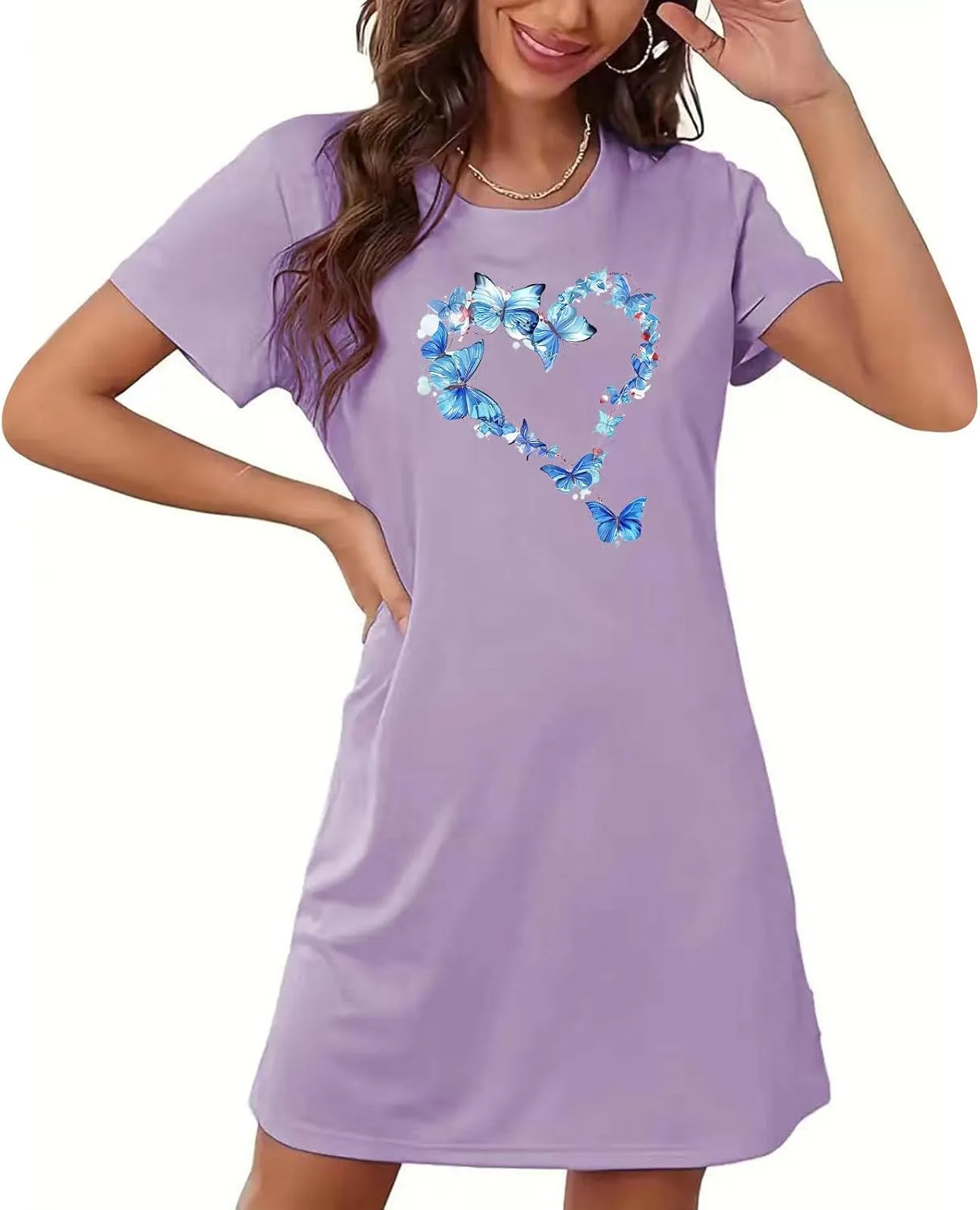 Short Nightgowns for Women Butterfly Heart Print Loose Nightshirt Short Sleeve Sleepwear Soft Summer Tshirt Dress
