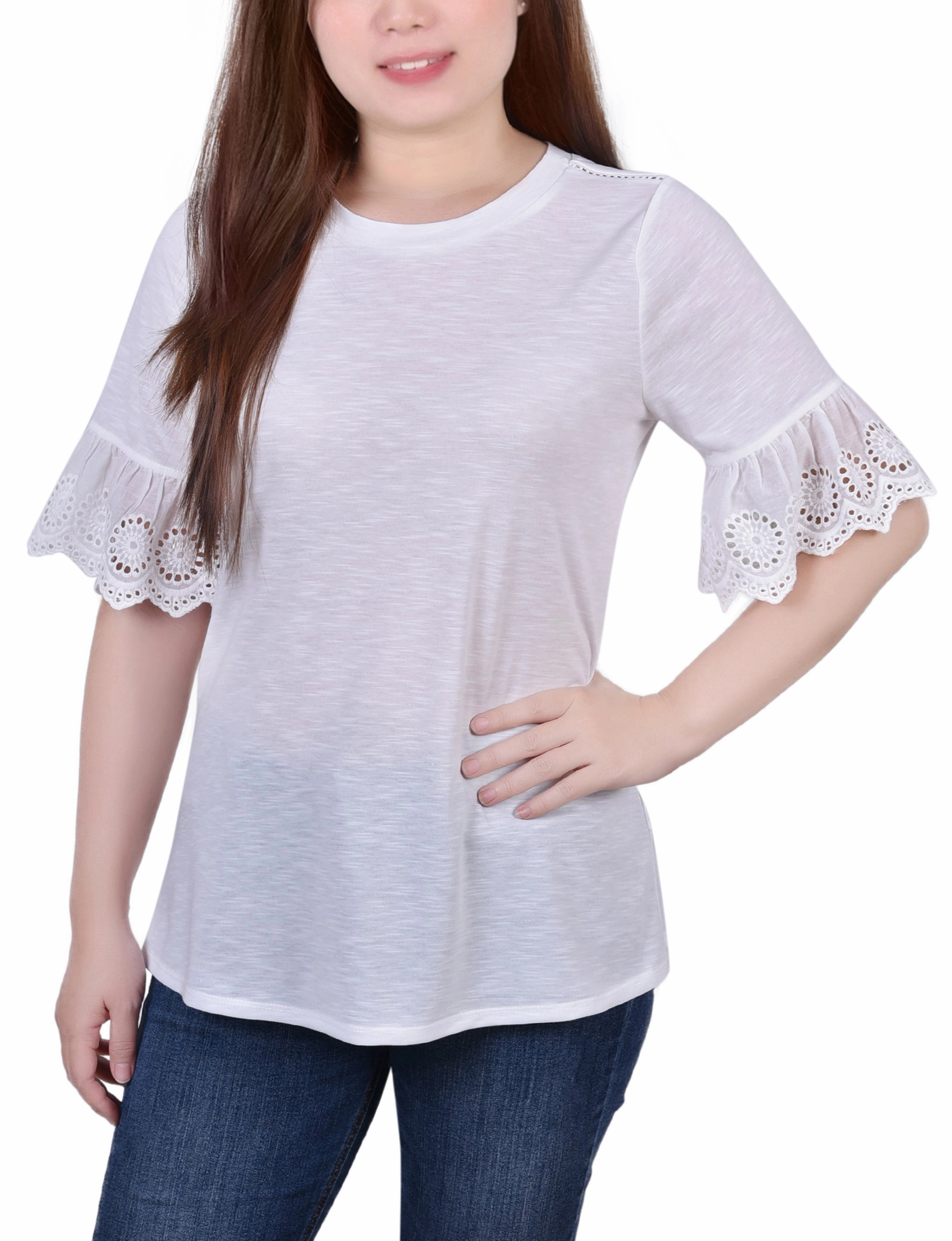 Bound Seam Finish Short Bell Sleeve Slubbed Top