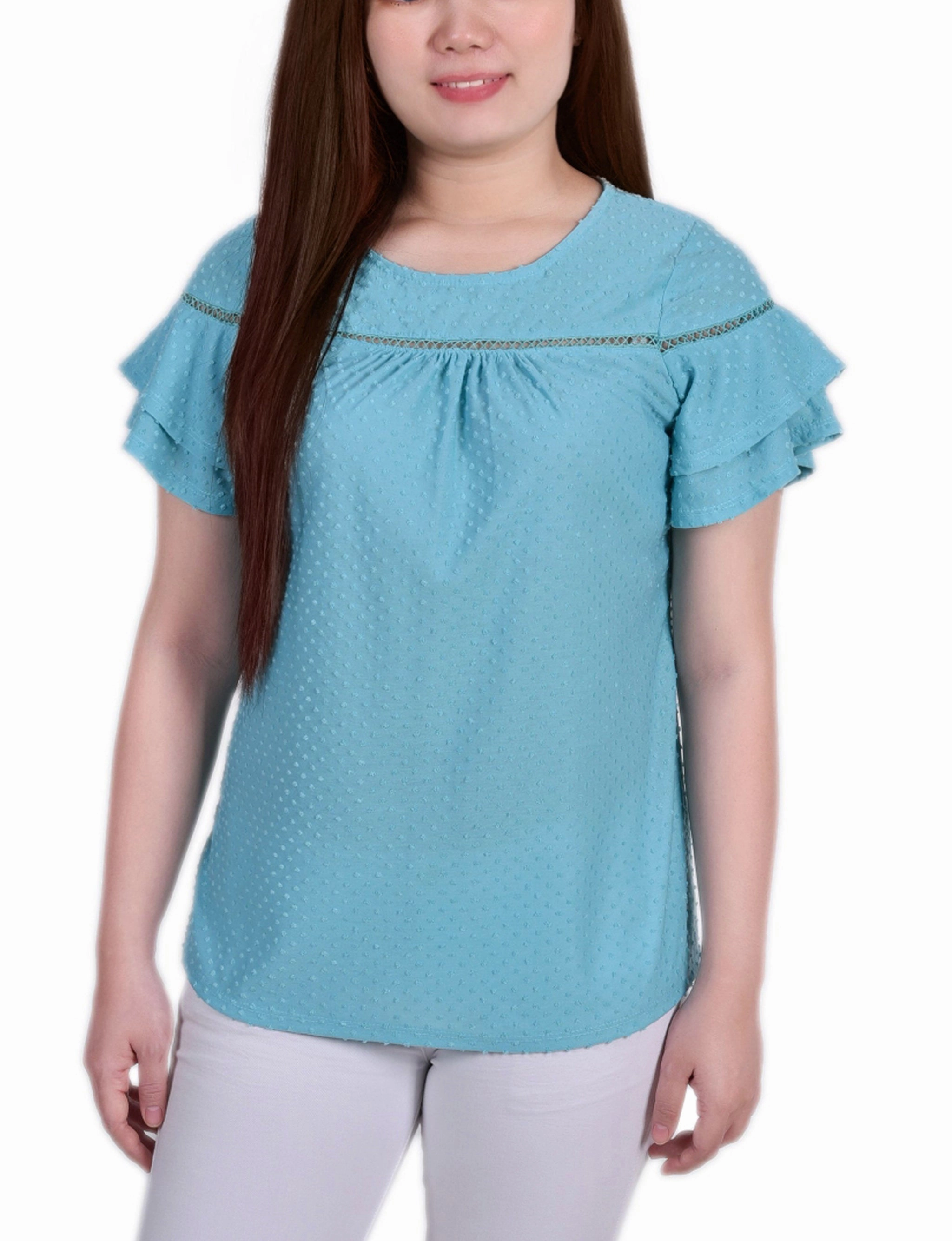 Contrast Topstitching Detail AntiPill Texture Short Double Flutter Sleeve Swiss Dot Top