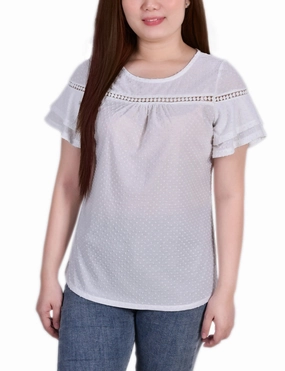 AdjustableClosure Short Double Flutter Sleeve Swiss Dot Top