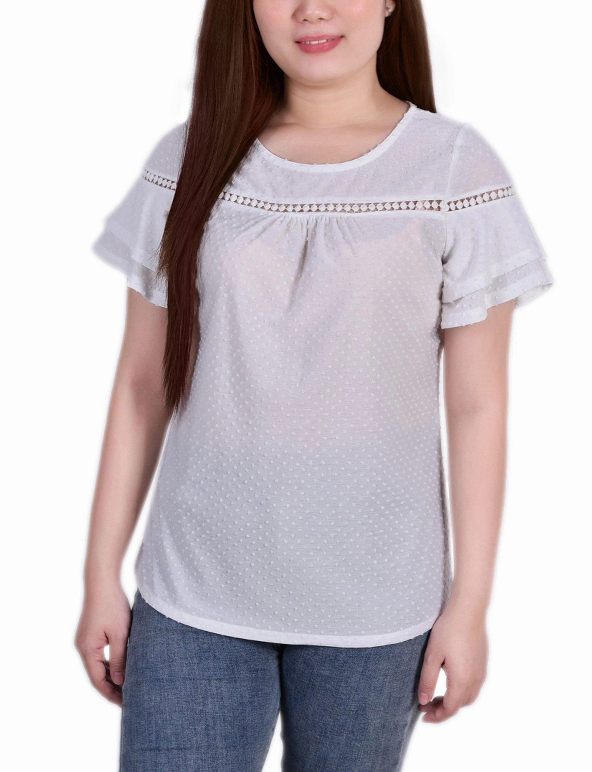 Short Double Flutter Sleeve Swiss Dot Top Simple Pullover