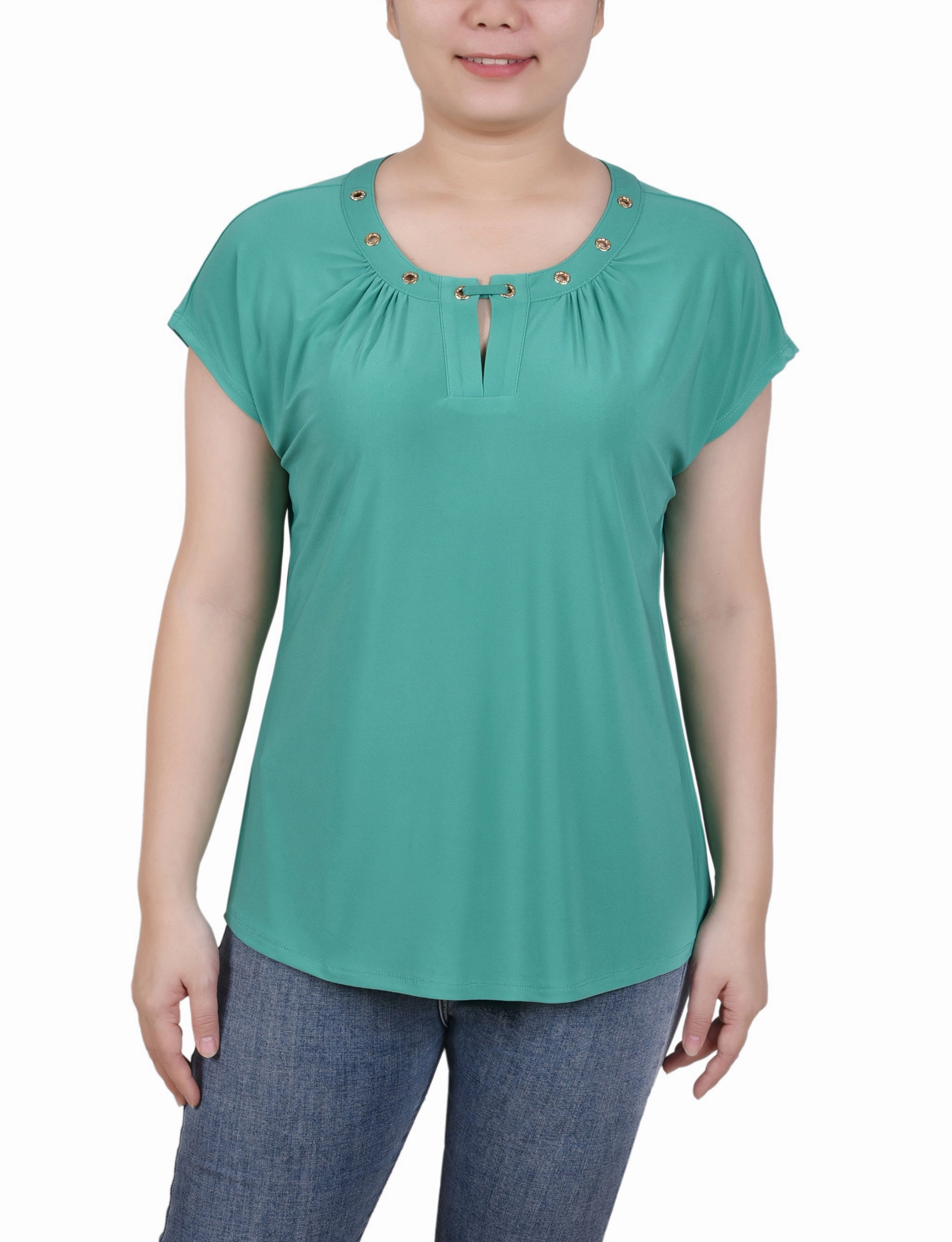 Short Extended-Sleeve Grommet Neck Knit Top OdorControl