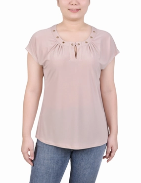 Short Extended-Sleeve Grommet Neck Knit Top Temperature Regulating Fibers Friction Resistant Finish