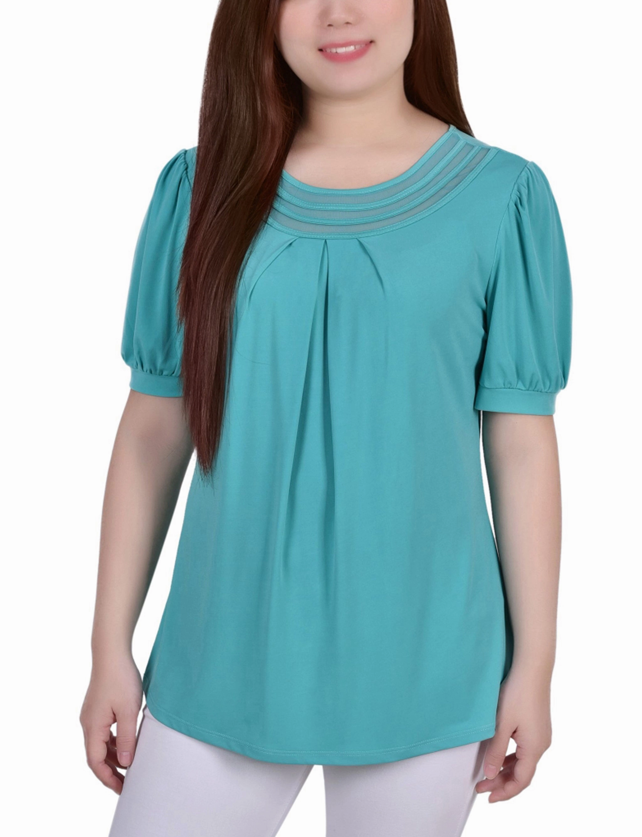Short Puff Sleeve Sheer Inset Top Slim Fit Shirt Stylish Look
