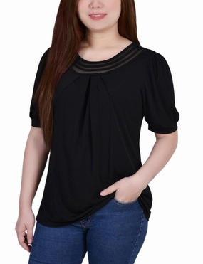 Short Puff Sleeve Sheer Inset Top Wrinkle Resistant Weave