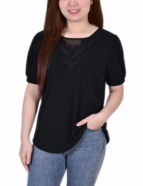 Natural Fiber Blend Short Puff Sleeve Top With Lace