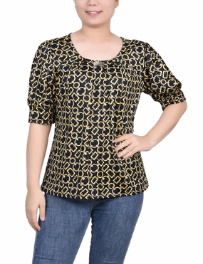 Pocket Reinforcement WrinkleFree Weave Short Sleeve Balloon Sleeve Top
