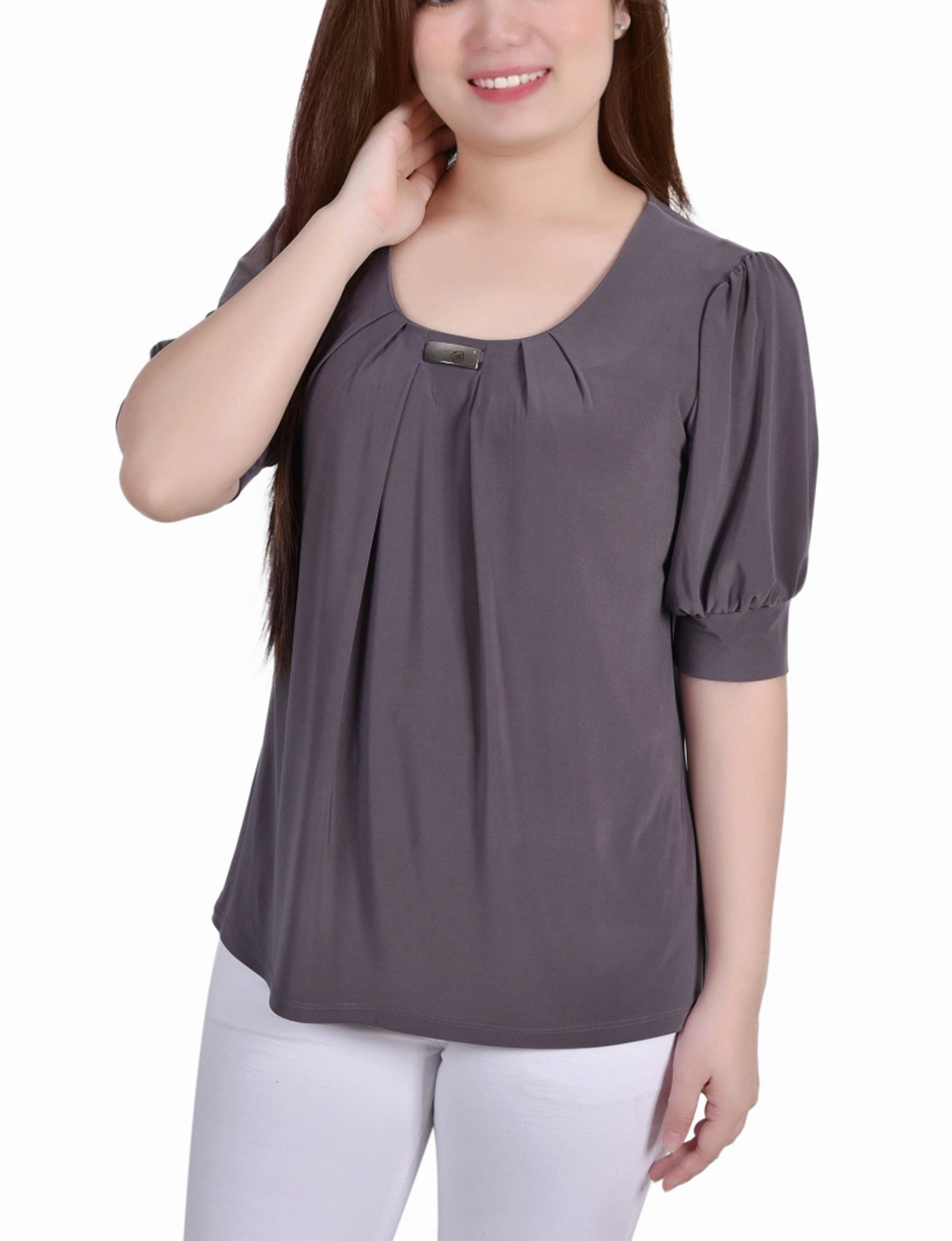 Short Sleeve Balloon Sleeve Top With Hardware High Neckline Structure