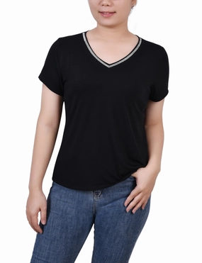 Short Sleeve Top With Stone Details Light Fabric HighDurabilityWeave