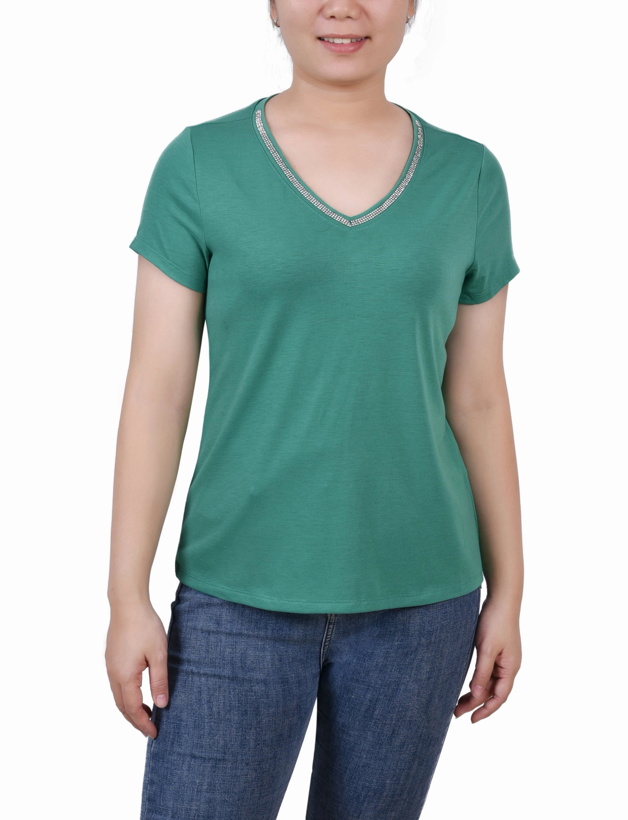 Short Sleeve Top With Stone Details Unstructured Silhouette