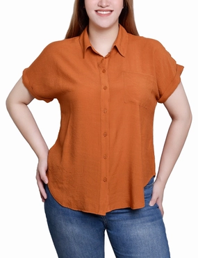 Neutral Tone Palette Short Sleeve Woven Front/Jersey Back Top