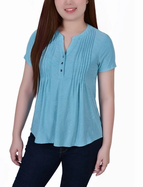 Short Sleeve Y Neck Jacquard Knit Top Seamless construction