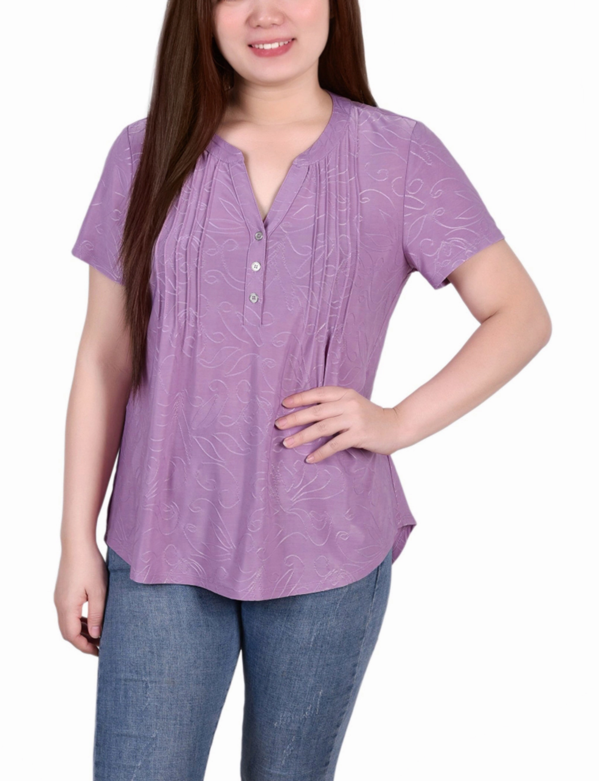 Short Sleeve Y Neck Jacquard Knit Top Snag Proof Weave Eco Friendly Fabric