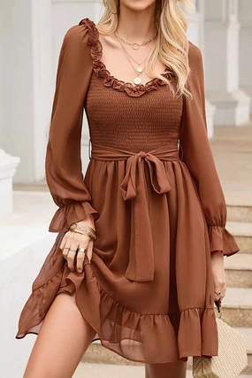Sleek and Sleek Breathable-Lining SHORT SQUARE NECK FRILL FLARE DRESS