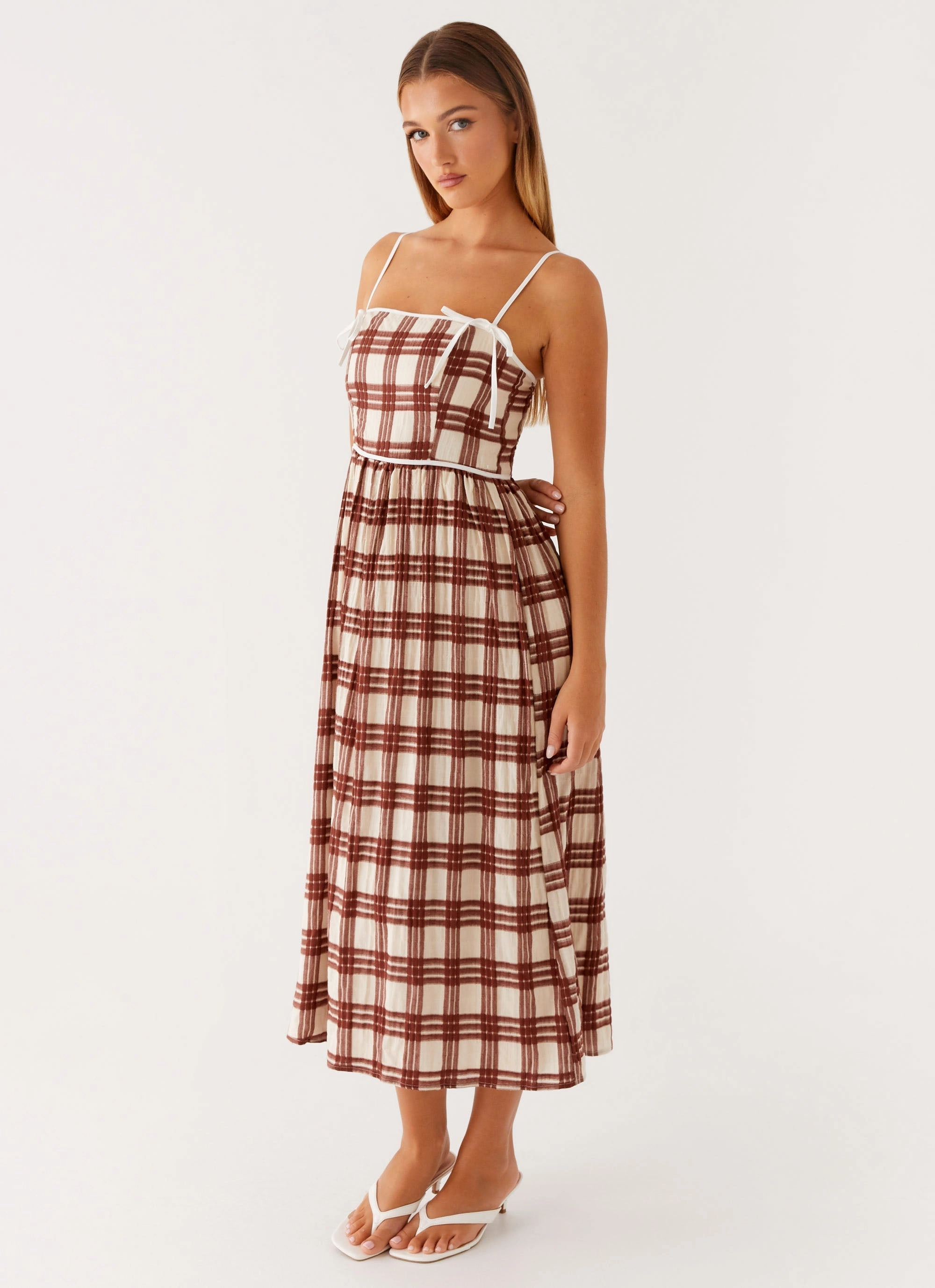 Shyanne Midi Dress - Chocolate Check Ruffle Hem flowy style