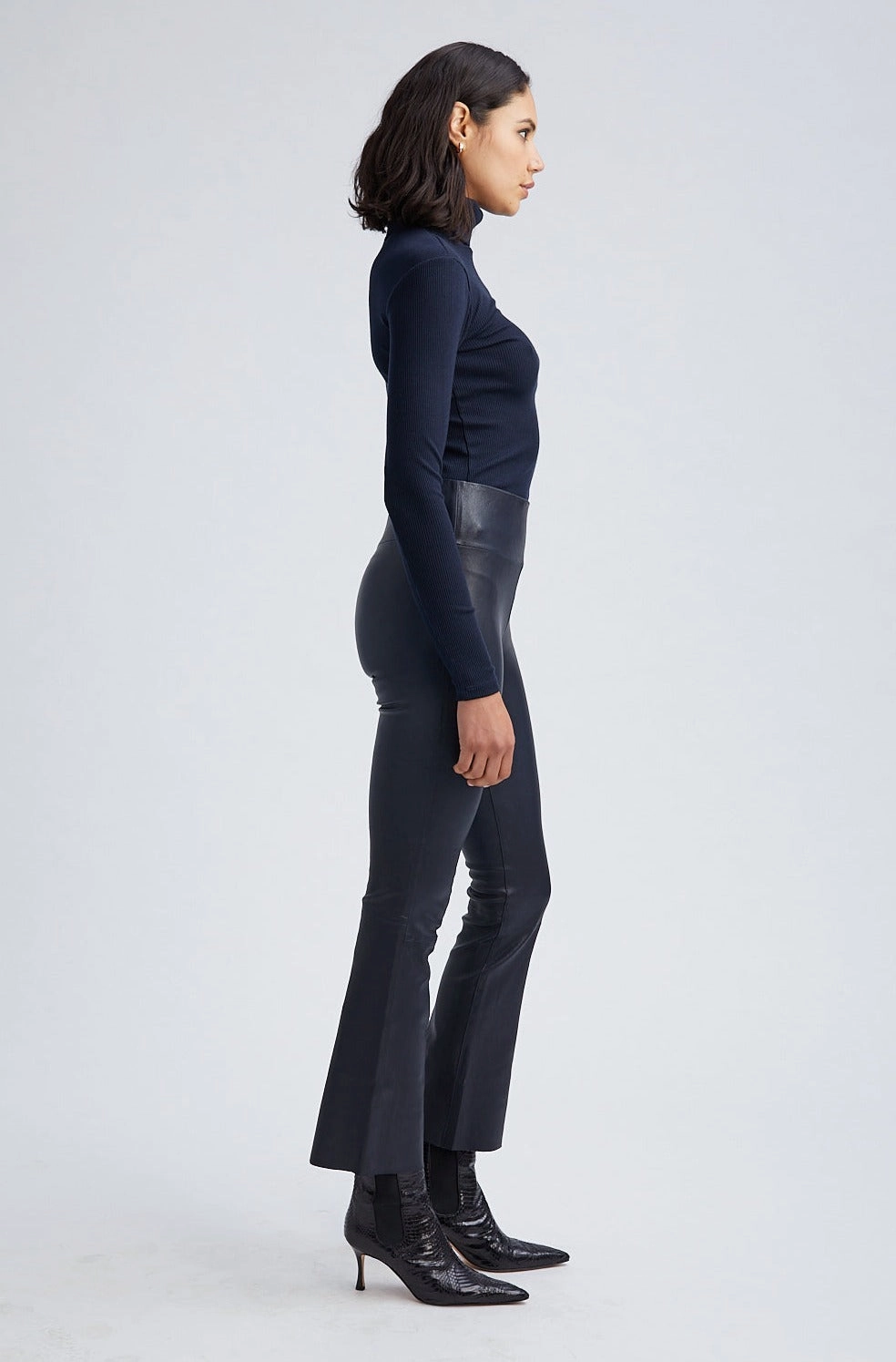 Navy Leather Ankle Flare Basic Style Chafe Resistant Edging