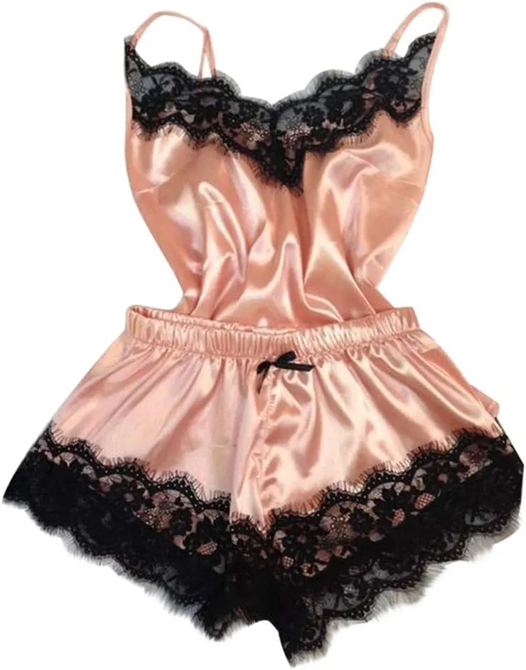 Silk Cami Shorts Sets Slppewear Sets for Women Sexy Scalloped Lace Trim 2 Piece Womens Lingerie Set Camisole Satin