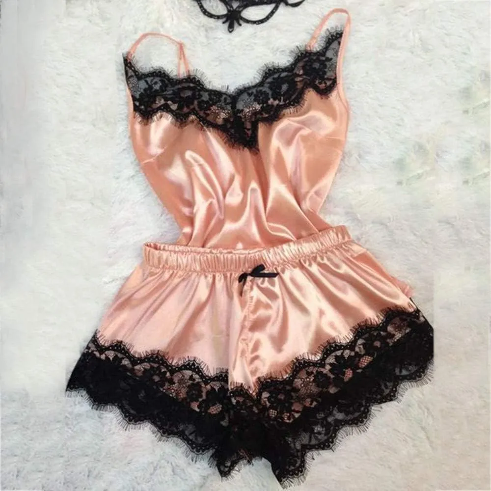 Silk Cami Shorts Sets Slppewear Sets for Women Sexy Scalloped Lace Trim 2 Piece Womens Lingerie Set Camisole Satin