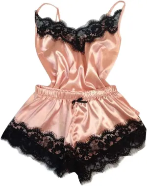 Silk Cami Shorts Sets Slppewear Sets for Women Sexy Scalloped Lace Trim 2 Piece Womens Lingerie Set Camisole Satin