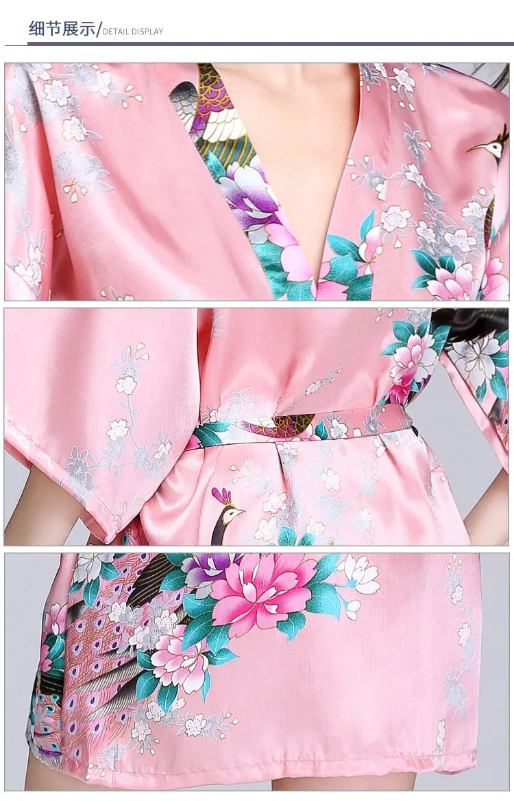 Silk nightgown women's summer mid sleeve peacock pajamas bathrobe large size home clothes 1
