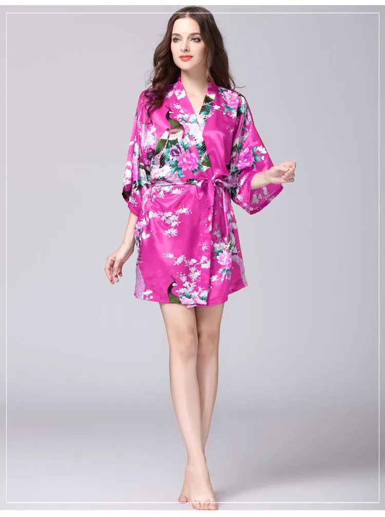 Silk nightgown women's summer mid sleeve peacock pajamas bathrobe large size home clothes 1
