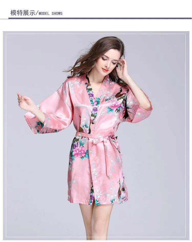 Silk nightgown women's summer mid sleeve peacock pajamas bathrobe large size home clothes 1