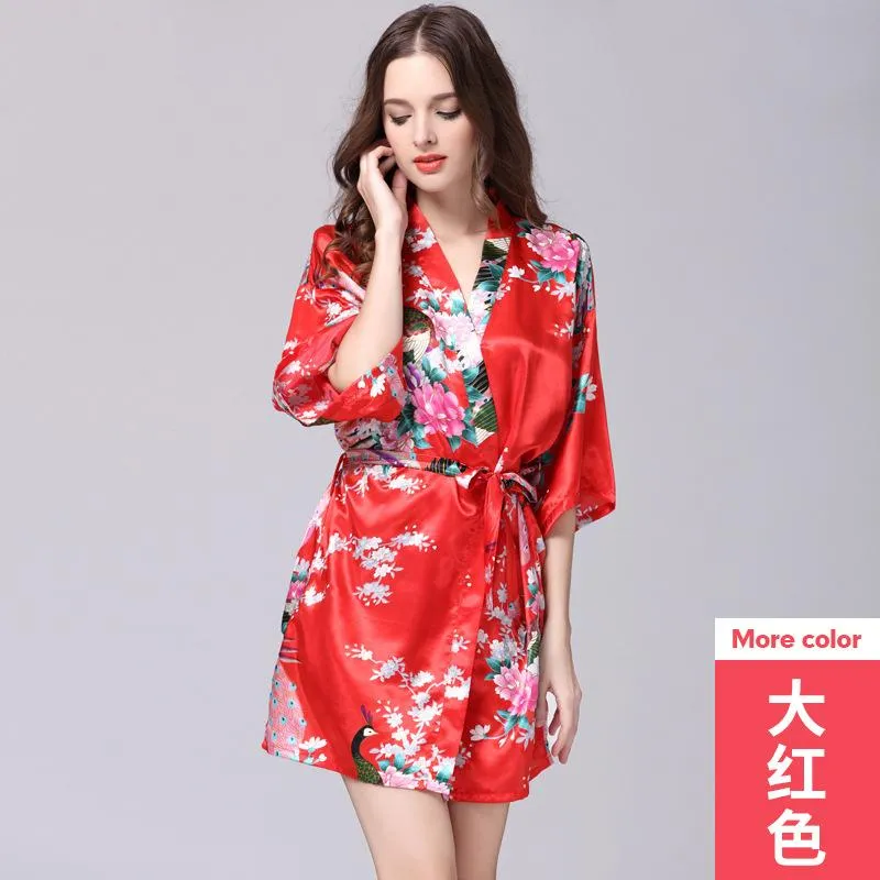 Silk nightgown women's summer mid sleeve peacock pajamas bathrobe large size home clothes 1
