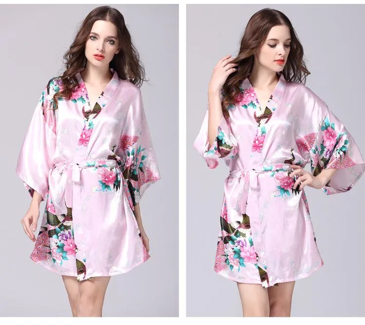 Silk nightgown women's summer mid sleeve peacock pajamas bathrobe large size home clothes 1