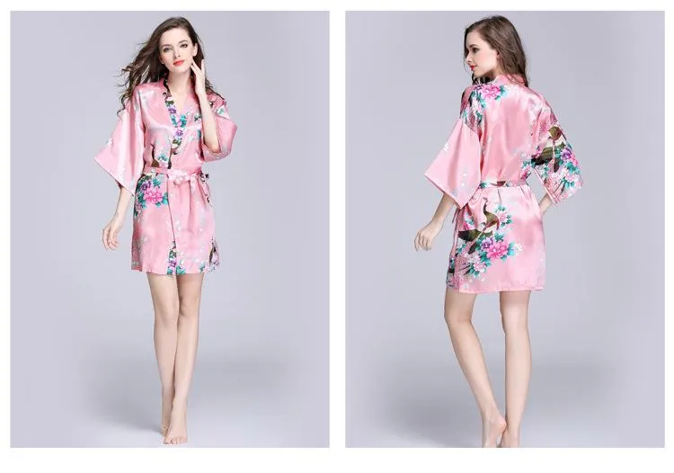 Silk nightgown women's summer mid sleeve peacock pajamas bathrobe large size home clothes 1