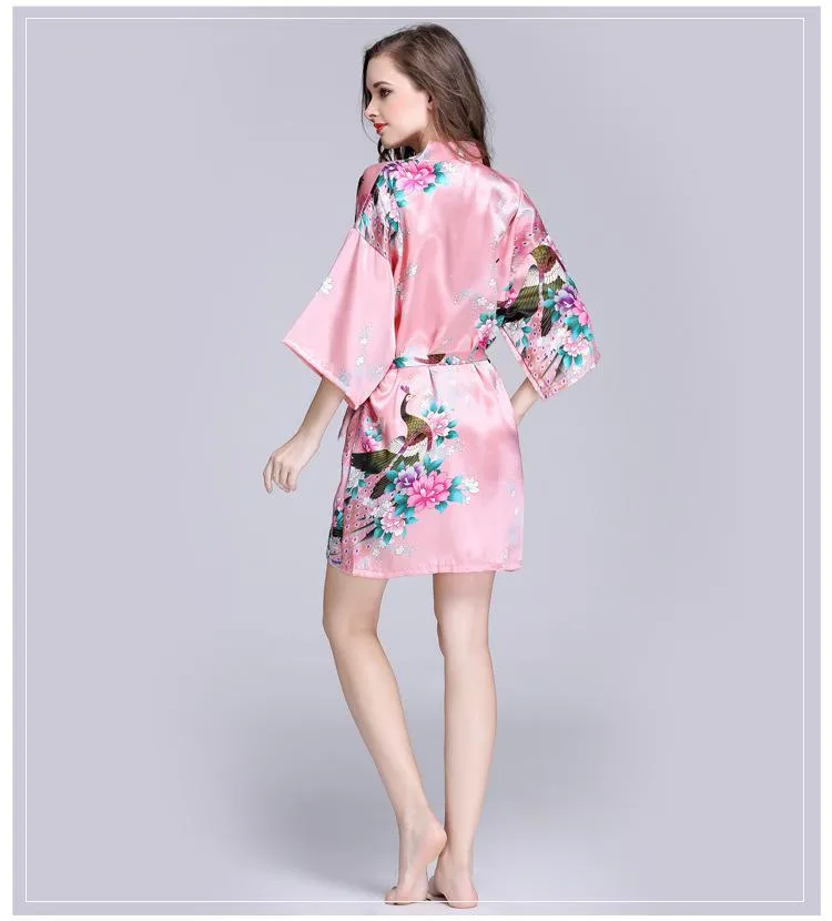 Silk nightgown women's summer mid sleeve peacock pajamas bathrobe large size home clothes 1
