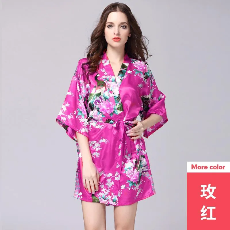 Silk nightgown women's summer mid sleeve peacock pajamas bathrobe large size home clothes 1