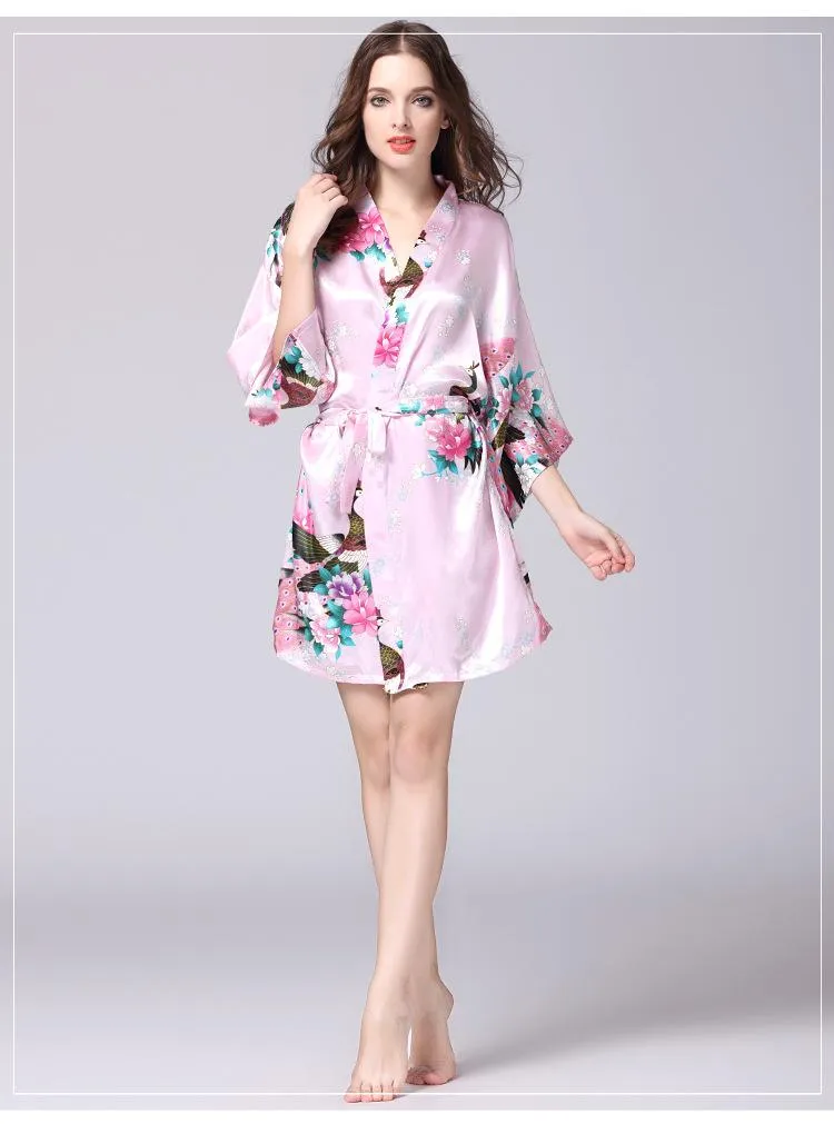 Silk nightgown women's summer mid sleeve peacock pajamas bathrobe large size home clothes 1