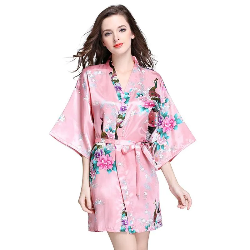 Silk nightgown women's summer mid sleeve peacock pajamas bathrobe large size home clothes 1