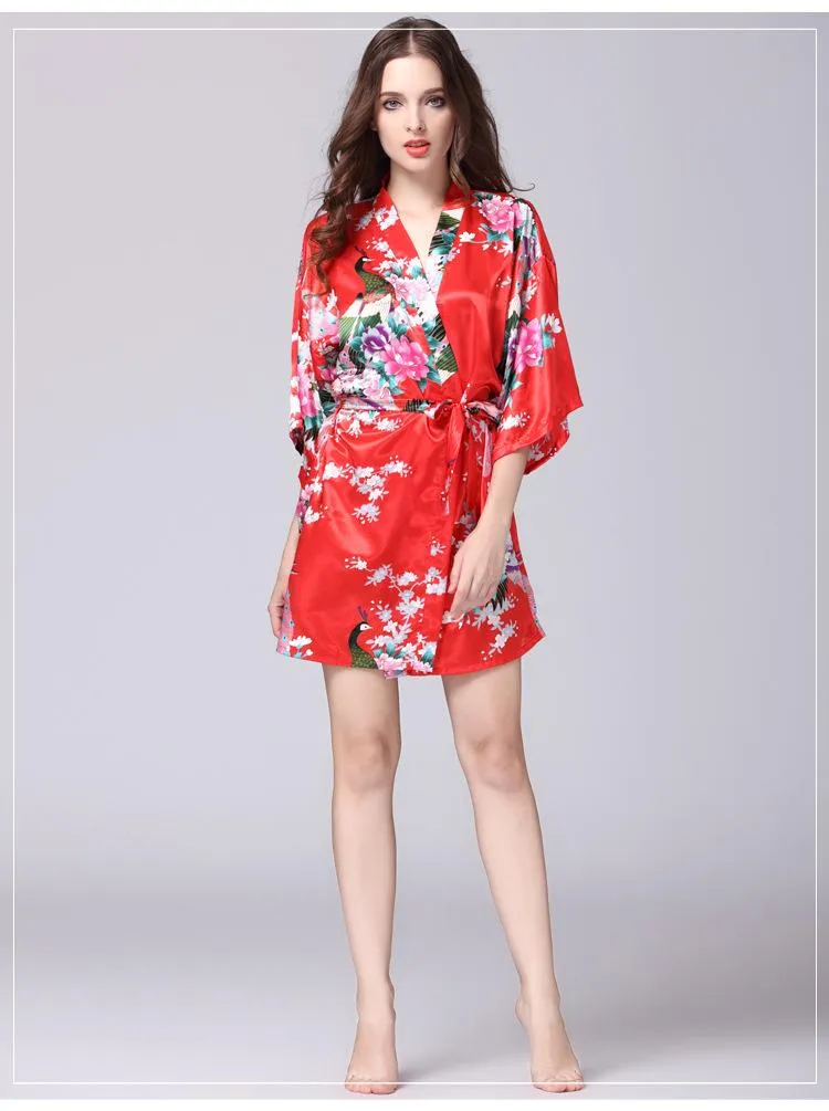 Silk nightgown women's summer mid sleeve peacock pajamas bathrobe large size home clothes 1