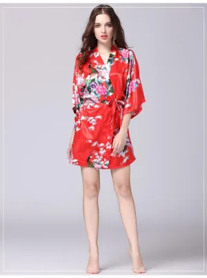 Silk nightgown women's summer mid sleeve peacock pajamas bathrobe large size home clothes 1