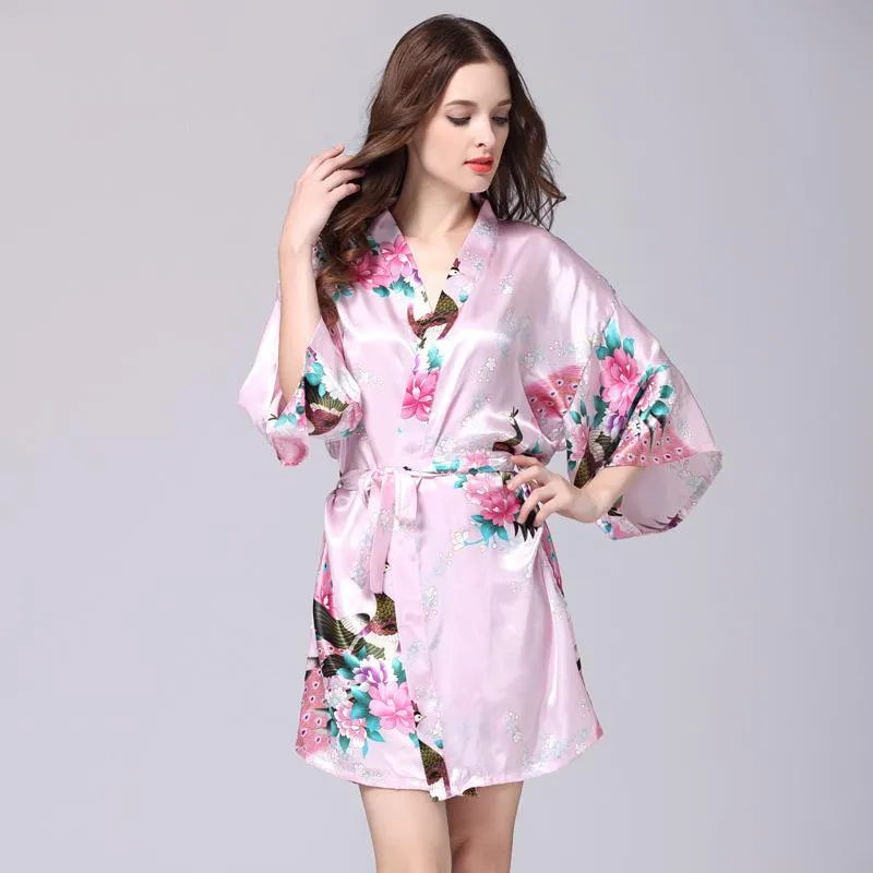 Silk nightgown women's summer mid sleeve peacock pajamas bathrobe large size home clothes 1
