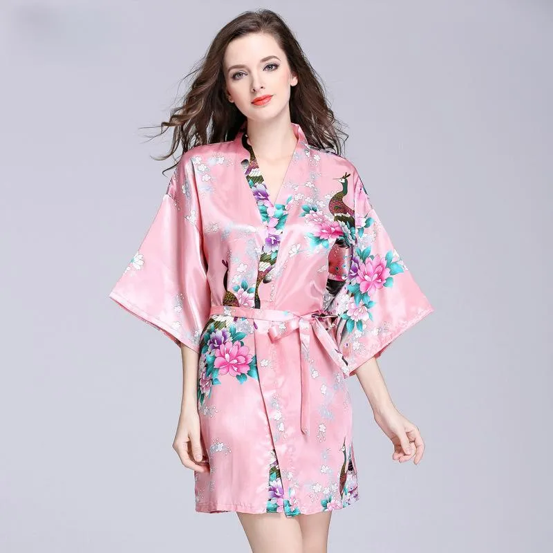 Silk nightgown women's summer mid sleeve peacock pajamas bathrobe large size home clothes 1