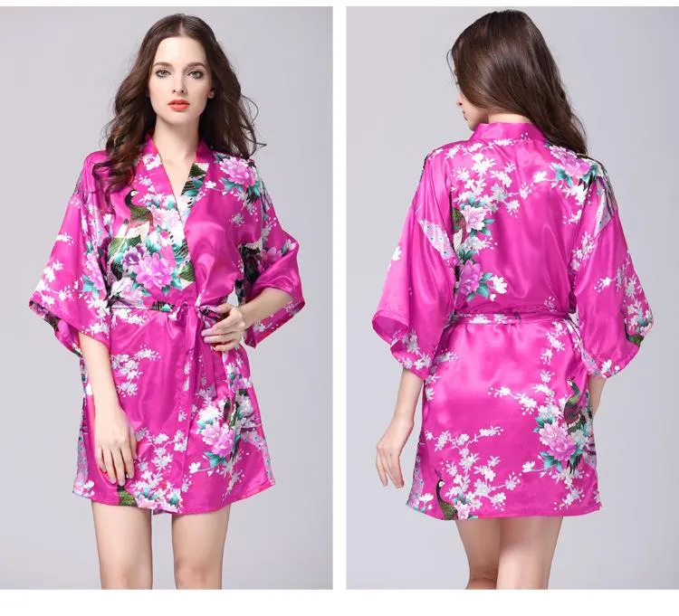 Silk nightgown women's summer mid sleeve peacock pajamas bathrobe large size home clothes 1
