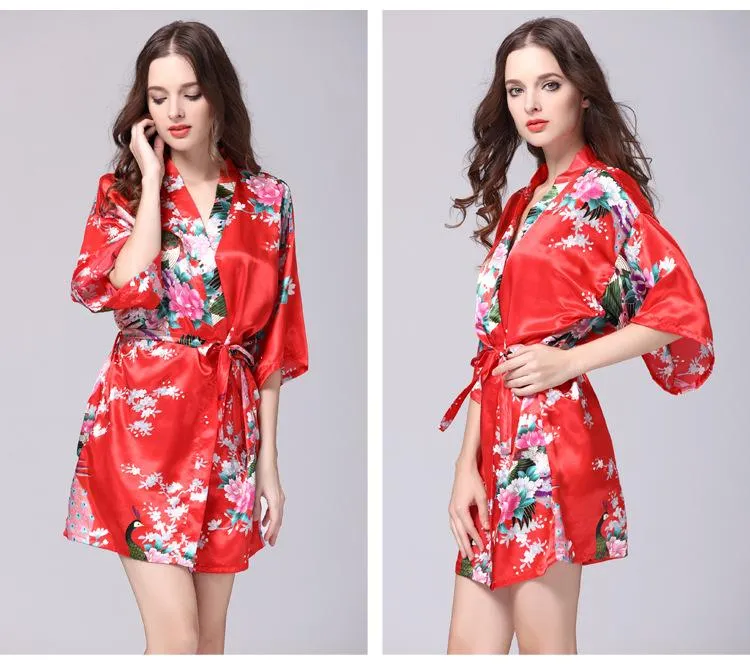 Silk nightgown women's summer mid sleeve peacock pajamas bathrobe large size home clothes 1