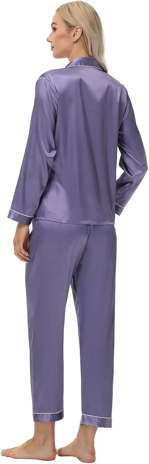 Silk Pajamas For Women Satin Classic Pjs Pj Lounge Long Sleeve Set Button V Neck Loungewear Casual Summer Pijamas Pants