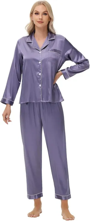 Silk Pajamas For Women Satin Classic Pjs Pj Lounge Long Sleeve Set Button V Neck Loungewear Casual Summer Pijamas Pants