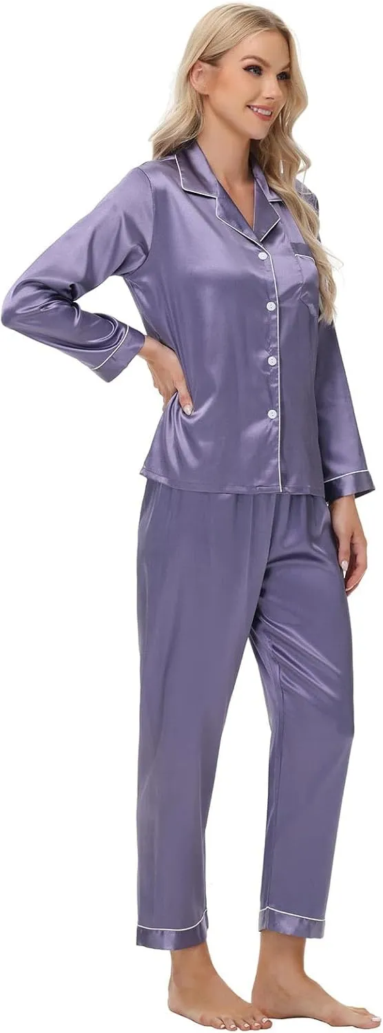 Silk Pajamas For Women Satin Classic Pjs Pj Lounge Long Sleeve Set Button V Neck Loungewear Casual Summer Pijamas Pants