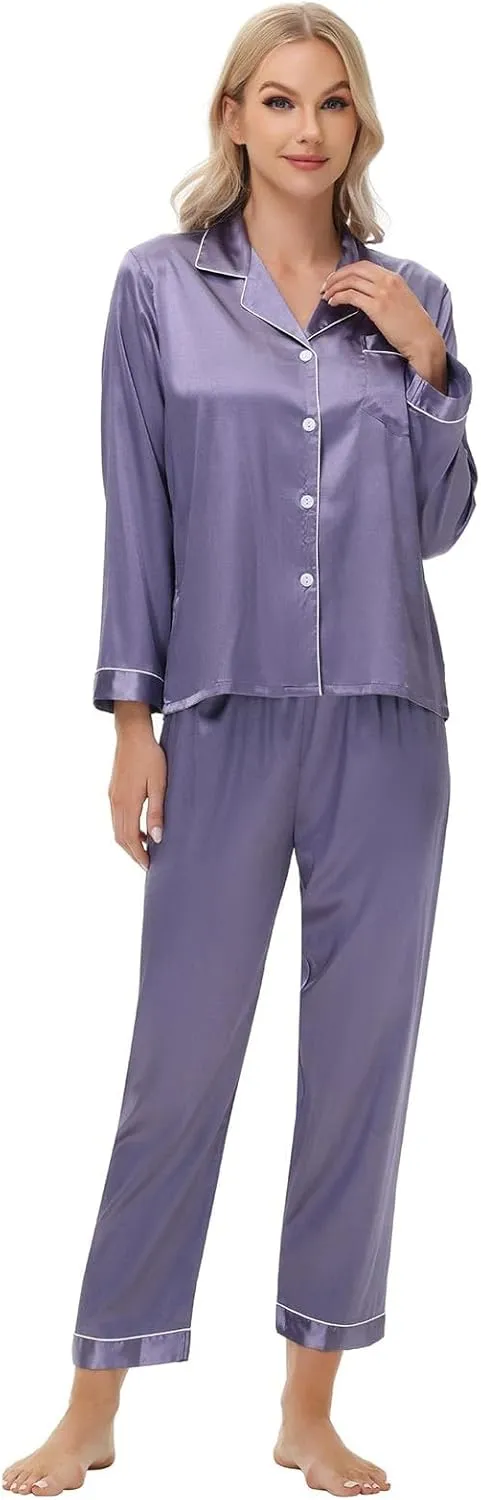 Silk Pajamas For Women Satin Classic Pjs Pj Lounge Long Sleeve Set Button V Neck Loungewear Casual Summer Pijamas Pants