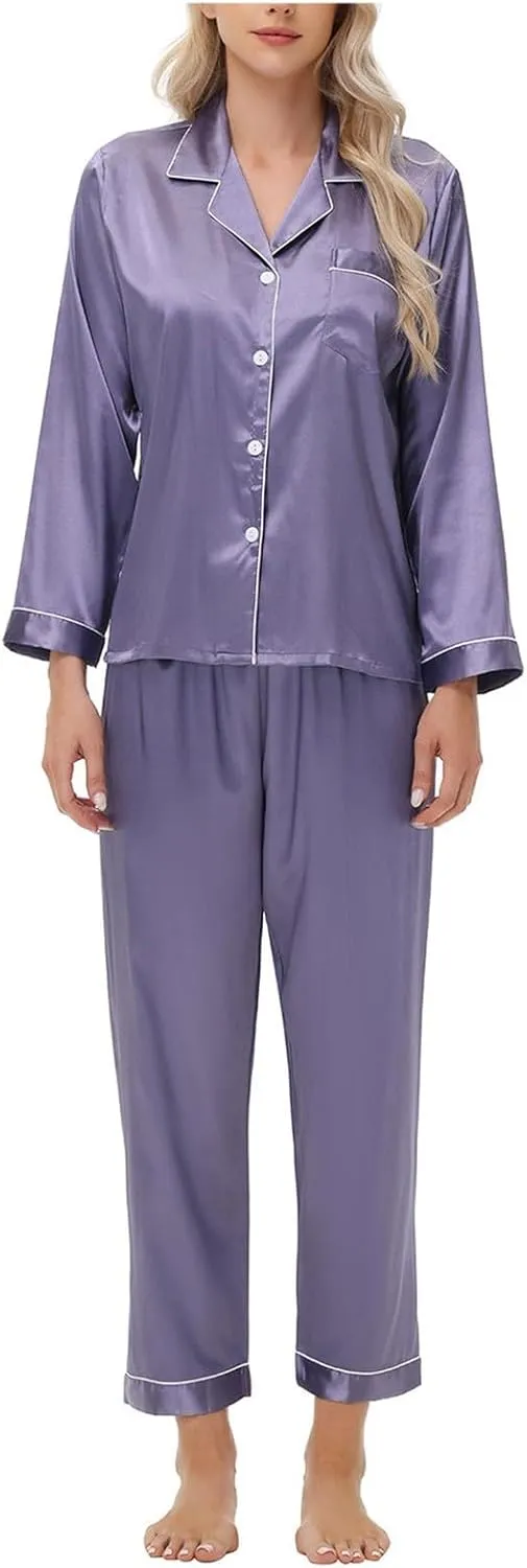 Silk Pajamas For Women Satin Classic Pjs Pj Lounge Long Sleeve Set Button V Neck Loungewear Casual Summer Pijamas Pants