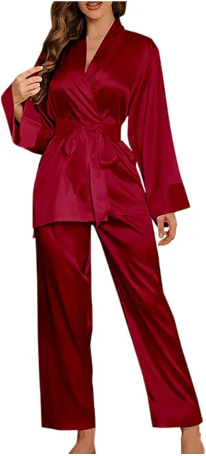 Silk Pajamas for Women Set Long Sleeve Lace-up Nightdress 2 Piece Robe and High Waist Pants Lounge Sleepwear Suit