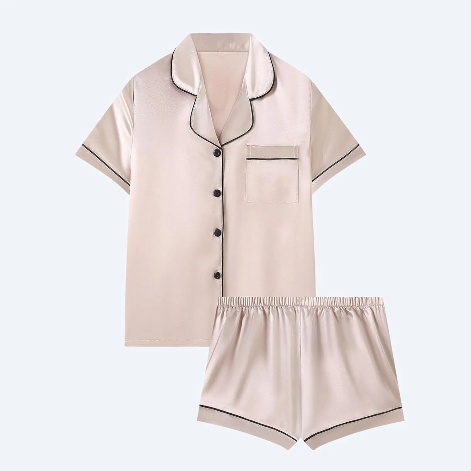 Silk Pajamas for Women Short Sleeve Shirt and Shorts Satin Button Down Loungewear 2 Piece Pjs Sleepwear Lounge Set