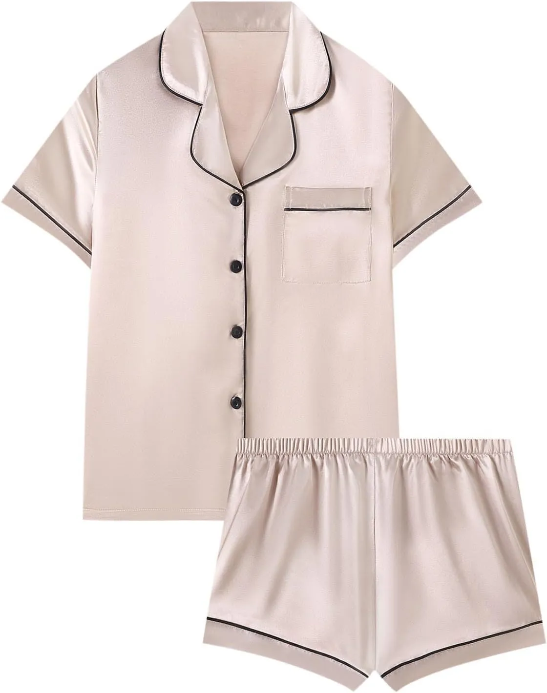 Silk Pajamas for Women Short Sleeve Shirt and Shorts Satin Button Down Loungewear 2 Piece Pjs Sleepwear Lounge Set