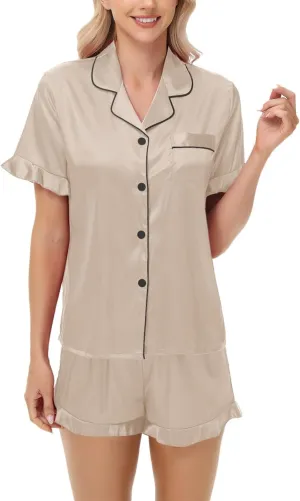 Silk Pajamas For Women Soft Pjs Lounge Short Sleeve Loungewear Button V Neck Sets Going Out Spring Pants Plus Size Pajama